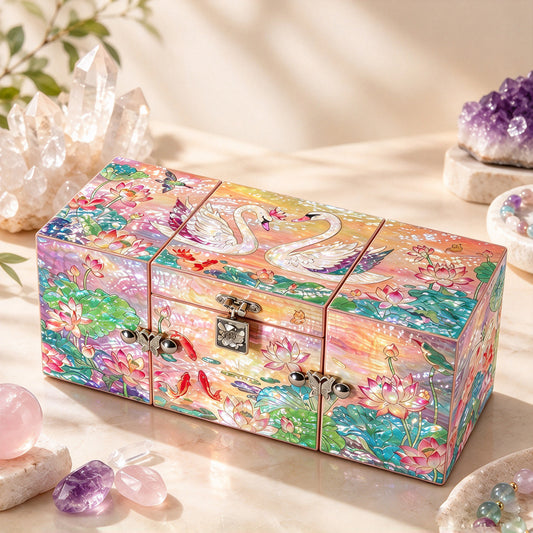 DANÉVA | Lotus & Swan Mother-of-Pearl Jewelry Box – Handcrafted Abalone Shell Keepsake Organizer
